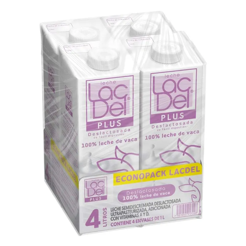 4 Pack Leche LacDel Deslactosada de 1L