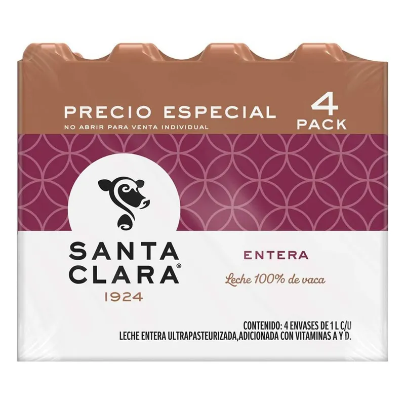 4 Pack Leche Santa Clara Entera de 1L