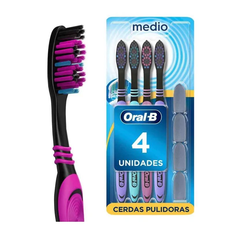 Cepillo de Dientes Oral-B Complete Black con Cerdas Medias Pulidoras, 4 Unidades + 4 Tapas