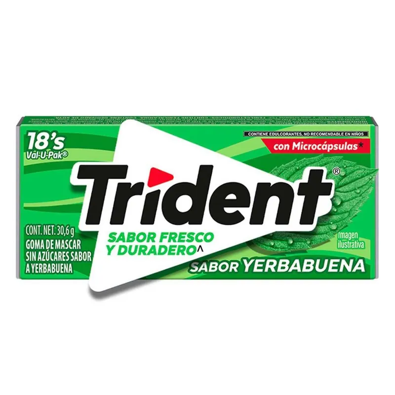 Goma de Mascar sin Azúcar Trident Val-U-Pak sabor Yerbabuena de 30.6g con 18 piezas